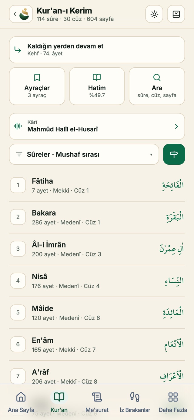 Kur’an ana sayfası: kaldığın yer ve hatim